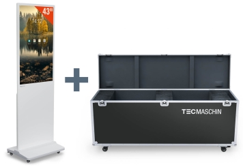 Mobil digital totem DKS-LED43 inkl. transportlåda, vit, 43 in display, Android 11, TecMaschin 
